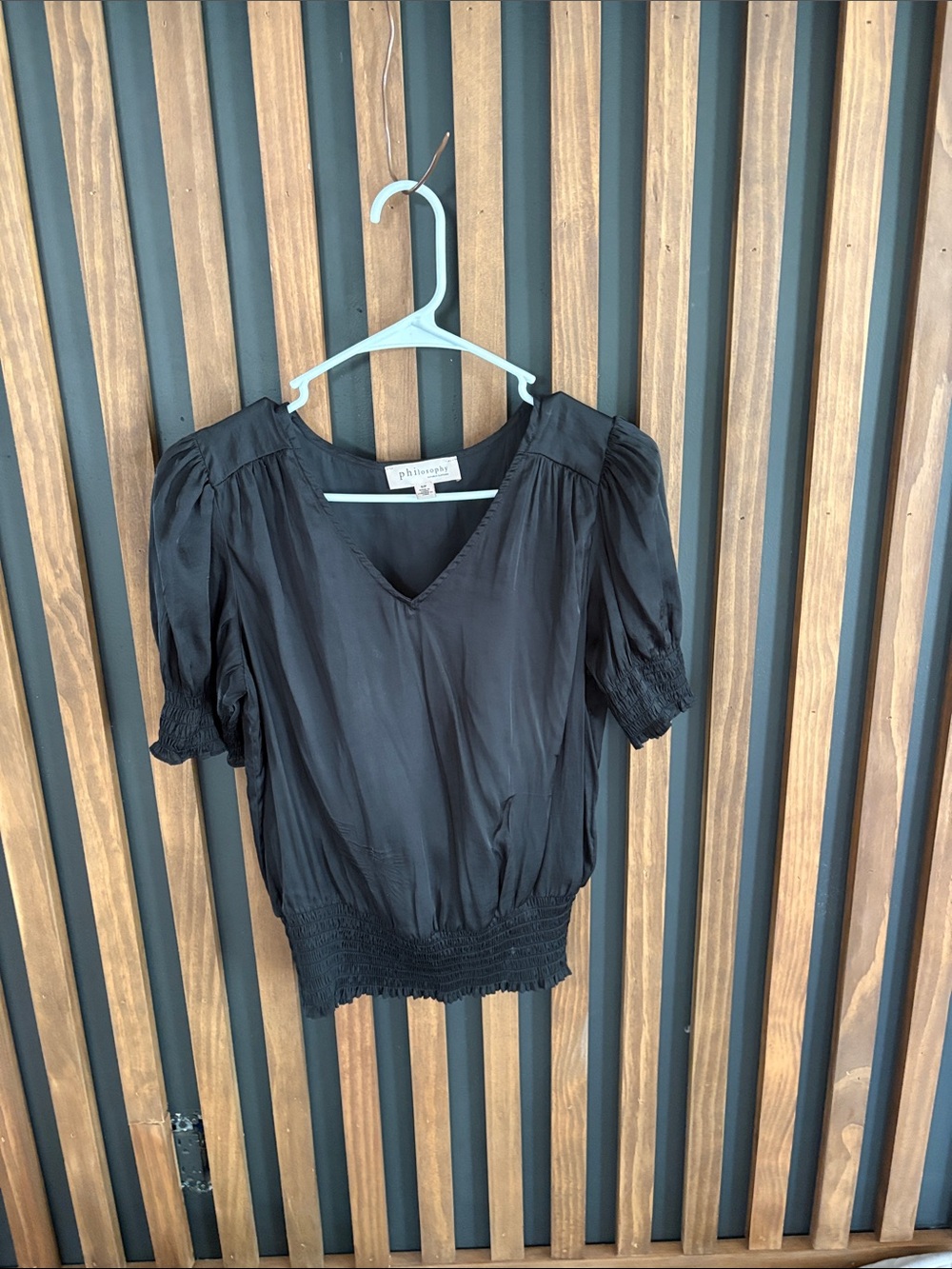 Philosophy Black V-Neck Puff Sleeve Smocked-Hem Blouse